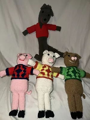 The Three Little Pigs & Big Bad Wolf Vintage Crocheted Stuffed Dolls. 14”-18”. • $99.99