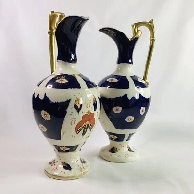 Antique Pair Victorian Hand Kensington Fine Art Pottery Painted Imari Ewers Jugs • £29