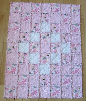 Pink JOHN DEERE Rag Quilt Baby Crib Size 32.5 X 45 Floral & Dots Toddler Blanket • $75