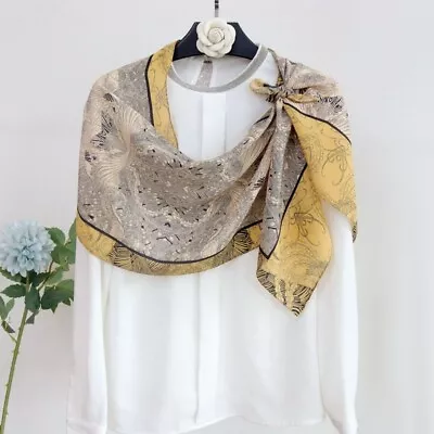 Feather Flower Print Mulberry Silk Crepe Shawl Neckerchief Oblong Scarf Yellow • $16.99