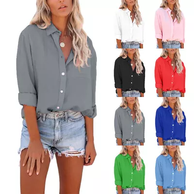 $15.10 • Buy Womens Long Sleeve Button Down Shirts Ladies Casual Baggy Pocket Tops Blouse Tee