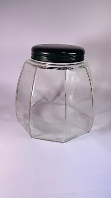 VTG LARGE 9” Heavy Glass Jar Octagonal Green Lid Metal • $18