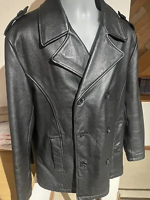 Men's Wilsons Black Leather Pea Coat Jacket Military Size L • $59