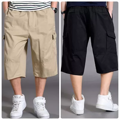 Men Summer Loose Cargo Capri Pants Shorts Cotton Casual Baggy Trousers Plus Size • $30.11