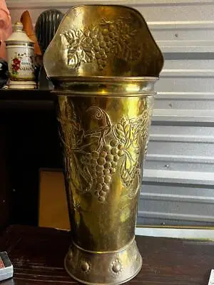 Antique Original Repousse Brass Umbrella Cane Walking Stick Stand Holder Grapes • $296.25