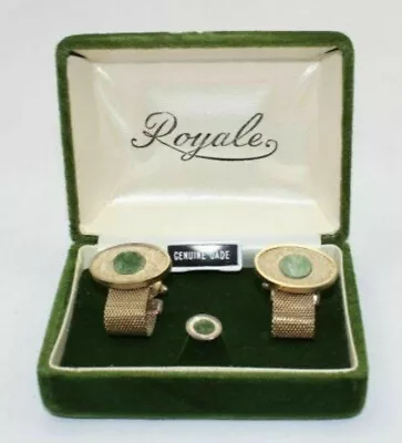 Cufflinks Gold Tone Mesh Royale Jade Cuff Links Tie Tack Box Jewelry Mens 1960's • $17.59