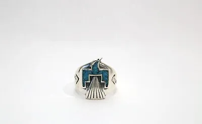 Native American Silver Turquoise Chip Inlay Thunderbird Ring Size 10 - 12.8 Gr • $144