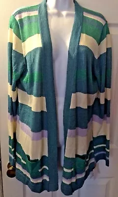 NWT ECI NY Striped Cardigan Sweater Turquoise Ivory Purple Open Front Long Sz XL • $29.90