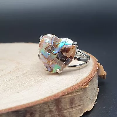 Rainbow Paua Heart Ring Natural Abalone Shell Cocktail Adjustable Silver Plated • £11.98