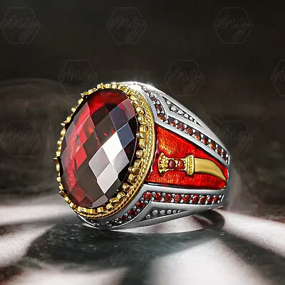 925 Sterling Silver Dagger Design Faceted Red Cubic Zirconia Stone Men's Ring • £52.03