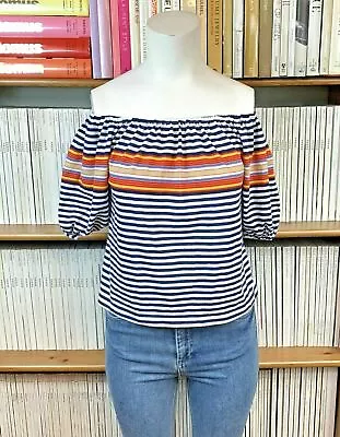 VTG 1970s Womens Top S 8 10 Off Shoulder Bardot Rainbow Stripe Print Jersey • £24