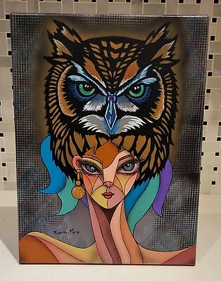 RICARDO MAYA Original PAINTING  CUBISM CUBIST CUBAN NICARAGUA OWL WOMAN LADY  • $260