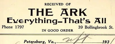 1931 The Ark Department Store Billhead Petersburg VA Vintage • $18