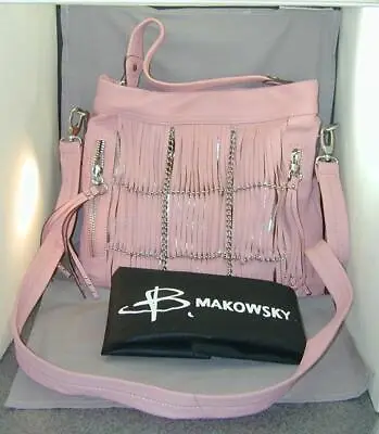 B Makowsky Pink Leather Alexis Silver Chains Convertible Hobo Handbag Fringe NWO • $100