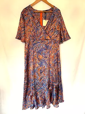 Ladies Qed London Dress Silky Floaty Blue Orange Palm Print Size Uk 14 New Tags • £9.99