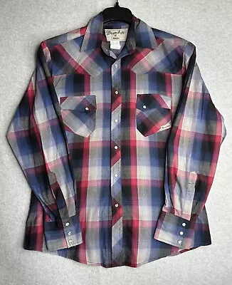 Wrangler Shirt Adult Medium Blue Red Pearl Snap Buffalo Windowpane Western Mens • $8.99