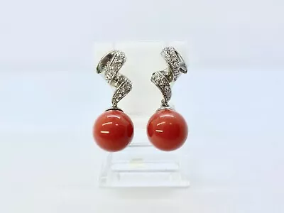 Red Coral Bead Earrings With Micro Pave CZ Hand Made In Vietnam • $38