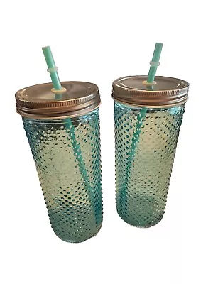 Turquoise Glass Tumbler Mason Jar Lid With Straw Hobnail Look  Set Of 2 • $23.50