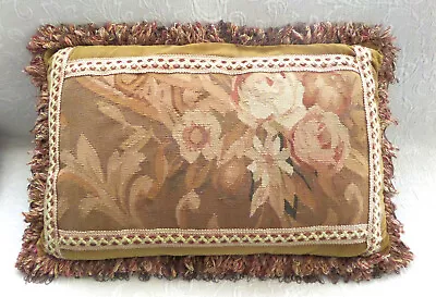 VTG Woven Aubusson Floral Pillow French Decor Wool Tapestry  23 X15  Velvet Back • $89.95