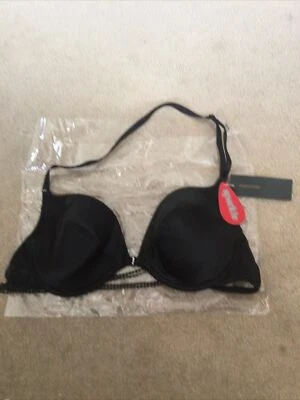 £12 • Buy NEW Black Satin Look Lightly Padded Underwired Halter Neck Bra Size 36C