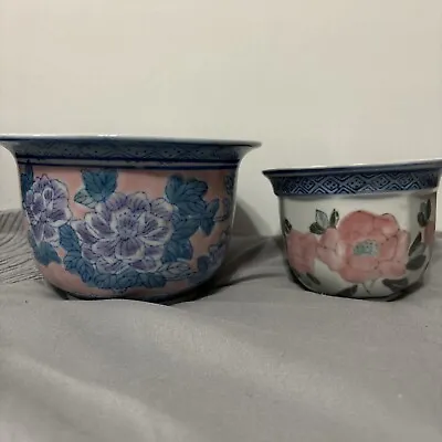 2 Vintage Asian  Fish Bowl Flower Pots Planters Floral Design  Cache • $15