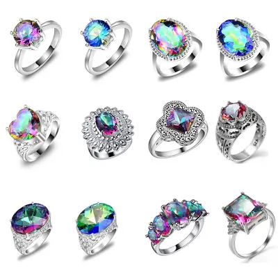 12 Pcs 1 Set Multi-Styl​e Rainbow Mystical Topaz Gems Silver Rings Sz 7 8 9 10 • $40.59