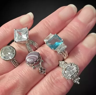 Vintage Lot Of 5 Rings Silver Cocktail & Engagement Styles Simulated Gemstones • $54.99