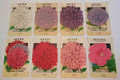 8 Vintage FLOWER SEED PACKETS (S49)-Schmidt Litho-F.F. Smith-3 1/4  X 5 -Asters • $14