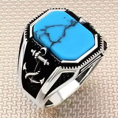 Solid 925 Sterling Silver Anchor Design Turquoise Stone Men's Ring • $29.90