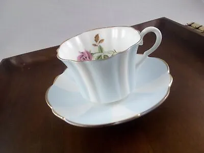 Vintage English Castle Bone China Tea Cup & Saucer Blue & White Stripes Rose • $23