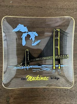 Mackinac Bridge Glass Trinket Dish Gold Tone Rim 4.5”x4.5” • $20