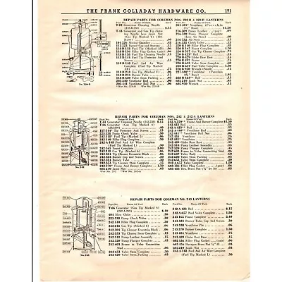 The Frank Colladay Hardware Co Page 171-172 Parts For Coleman Lantern VTG 1930's • $19.99