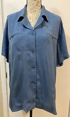 CEDARS SPORTS Vtg 100% Silk Blouse Short Sleeve Slate Blue Button Up Women's L • $14.99