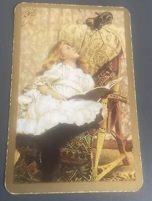 Vintage 1970s Swap Playing Card Gold Border Girl Cat Chair Reading A Book • $2.65