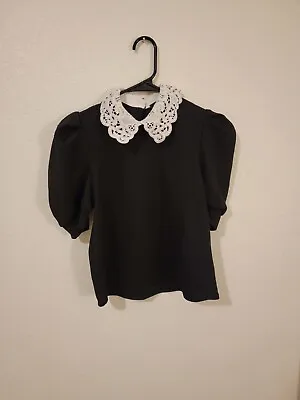 $28 • Buy Madi Mase Women's XS Black White Puff Sleeve Peter Pan Collar Top 