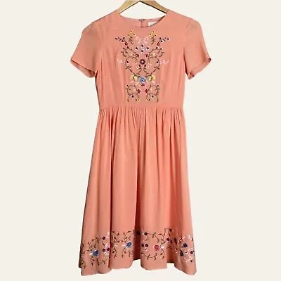 Clad & Cloth ASOS Dress Embroidered Peach Skater Floral Cotton Size XS Women • $36
