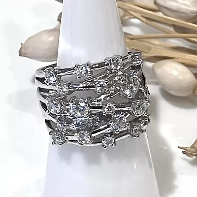 QVC Diamonique Hallmarked 925 Sterling Silver Wide Band Cocktail Ring Size M • £36