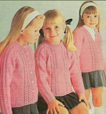 Girls Cardigans Sweater Raglan Sleeves Lace Panel Knitting Pattern DK 22-32 1305 • £2.09