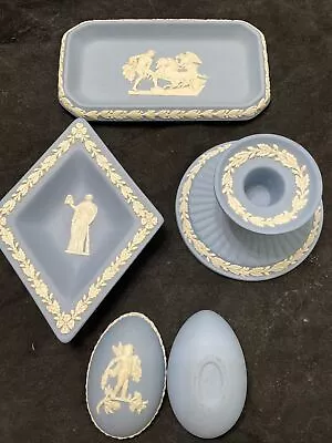 Vintage Wedgwood Jasperware Blue LOT 4 Pc Egg Diamond Candleholder Tray • $45