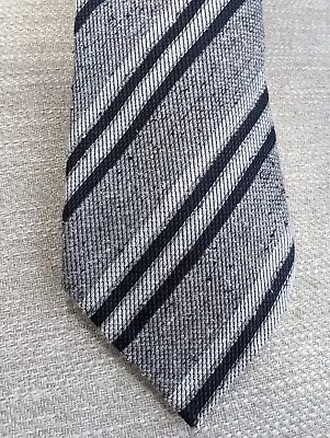 Cesare Attolini Grey And Navy Stripe Silk-Linen Tie • $80