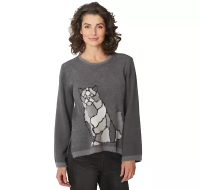 DG2 Diane Gilman Women's 1X Faux Mink Animal Swing Sweater Gray Cat Pullover • $19.99