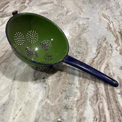 Vintage Green Blue Enamel Strainer Colander Sieve W/ Long Handle Enamelware • $21.59