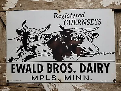 Vintage Ewald Bros Dairy Farm Porcelain Sign Minnesota Milk Cream Guernsey Cow • $661.16