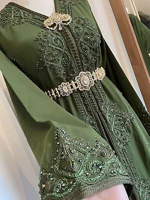 Moroccan Kaftan Takchita With  Beads And Stones Caftan Lebsa Dress Green • $211.57