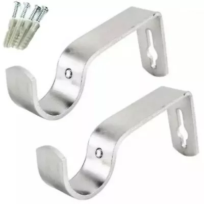 2 X Heavy Duty Metal Curtain Rod Pole Wall Brackets Screw Hook Holder Silver UK • £3.90