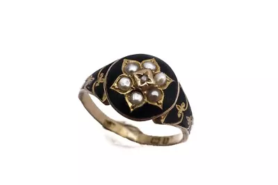 Antique Victorian English 15k Gold Diamond Pearl Black Enamel Mourning Ring • $425