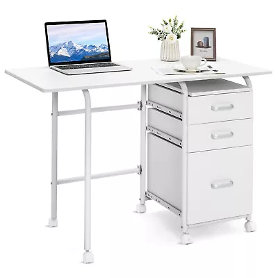 Folding Computer Laptop Desk Wheeled Home Office Furniture W/3 Drawers White • $109.99