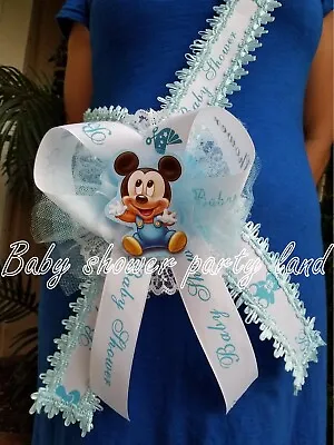 Baby Shower Mickey Mouse Mom To Be It's A Boy Sash Blue Ribbon With Corsage  • $16.99