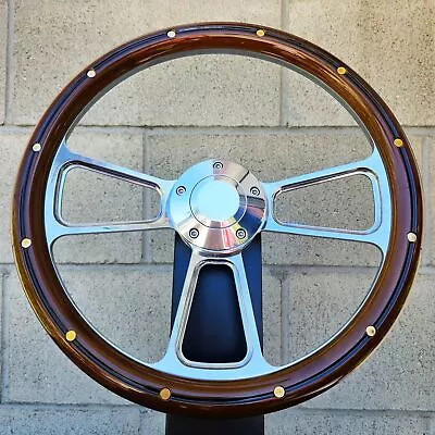 14  Billet Steering Wheel Mahogany Wood Brass Rivets Chevy Muscle C10 Ford Rod • $151.67