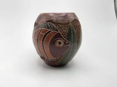 Vintage Clay Pottery 2.75  Tall Brown Fish Vase Bowl • $13.28